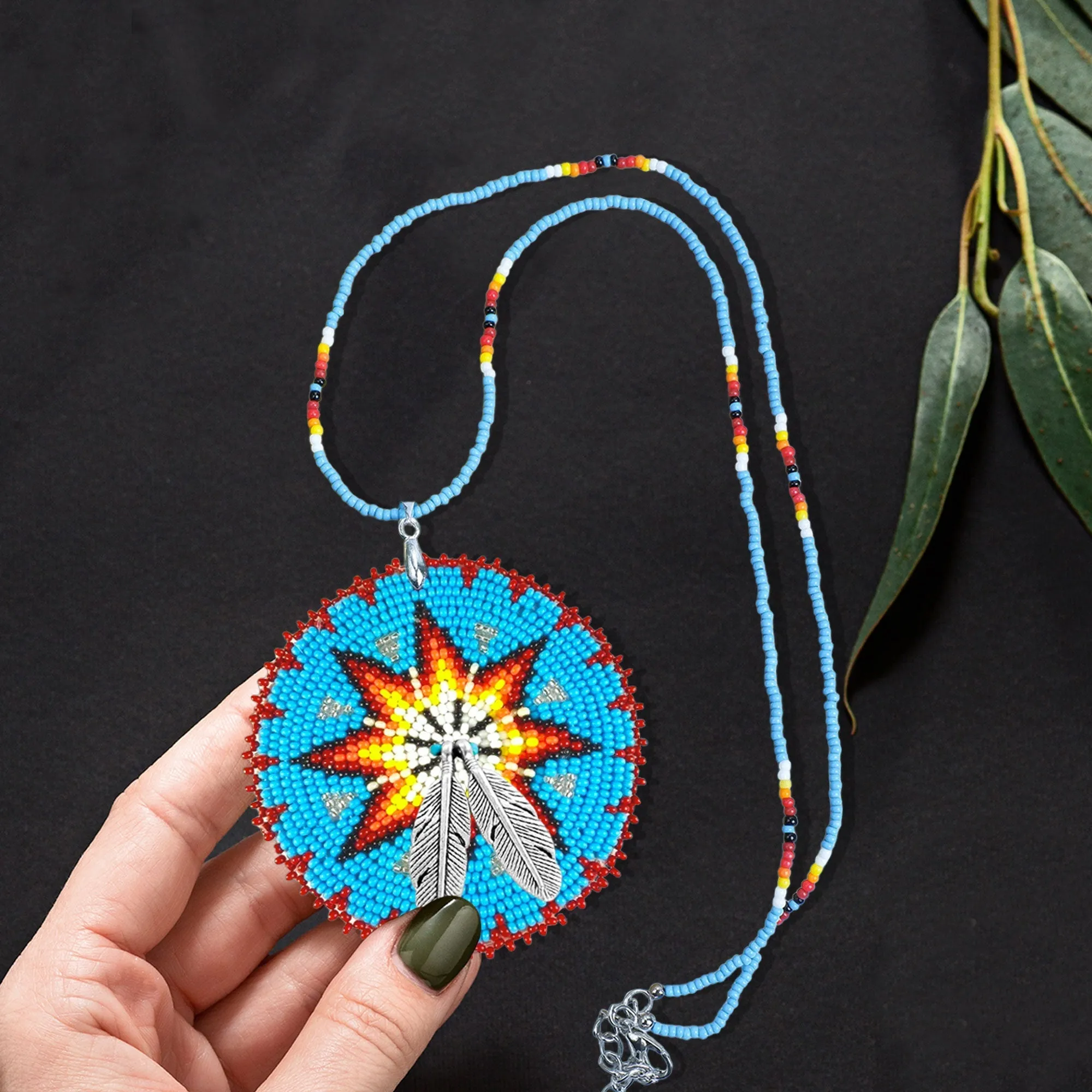 SALE 50% OFF - Blue Star Fire Pattern Beaded Patch Necklace Pendant Unisex With Native American Style