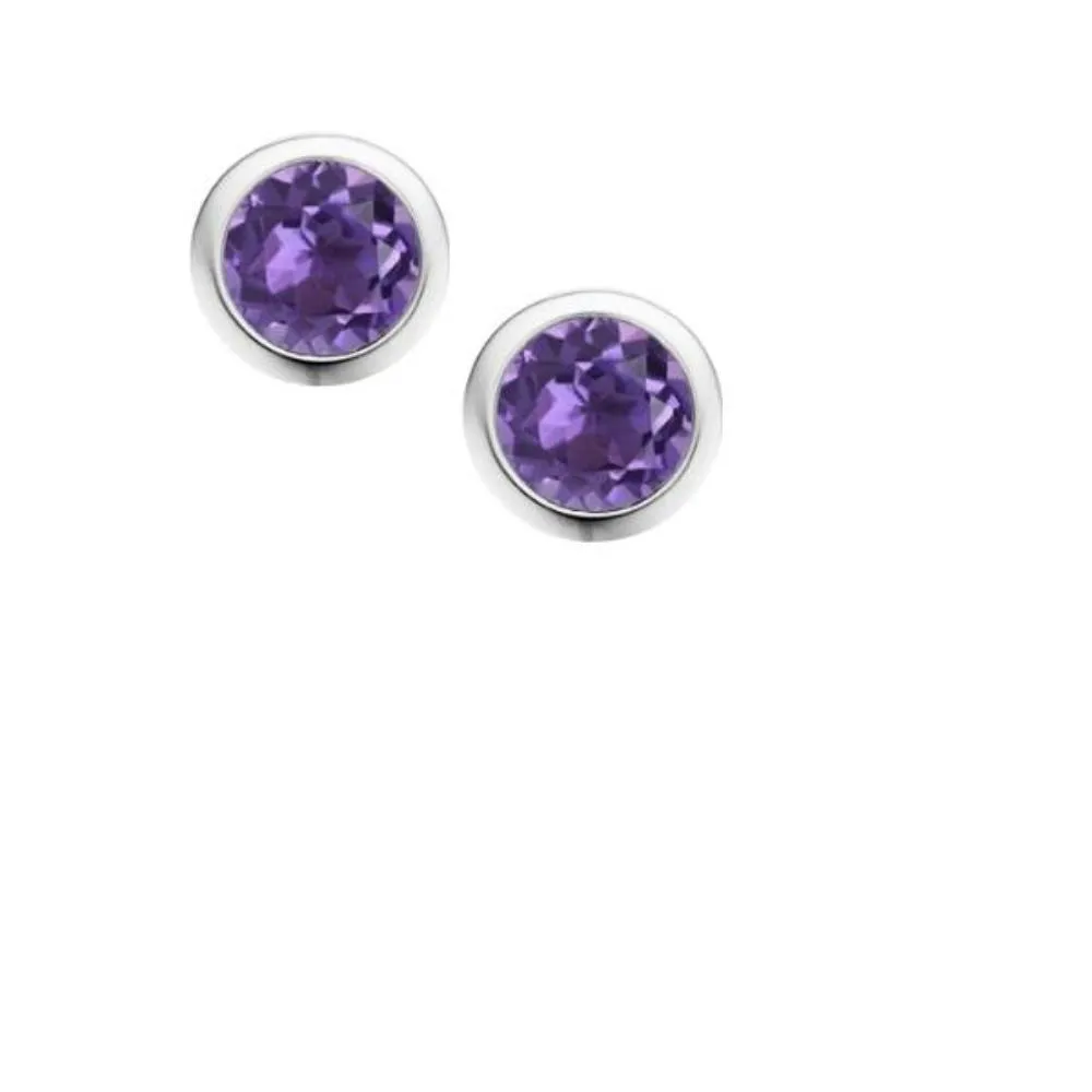 Silver and Amethyst 4mm round stud earrings in rubover setting