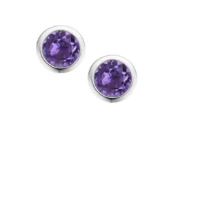 Silver and Amethyst 4mm round stud earrings in rubover setting