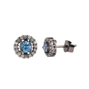 Silver Blue Topaz Diamond Halo Earrings