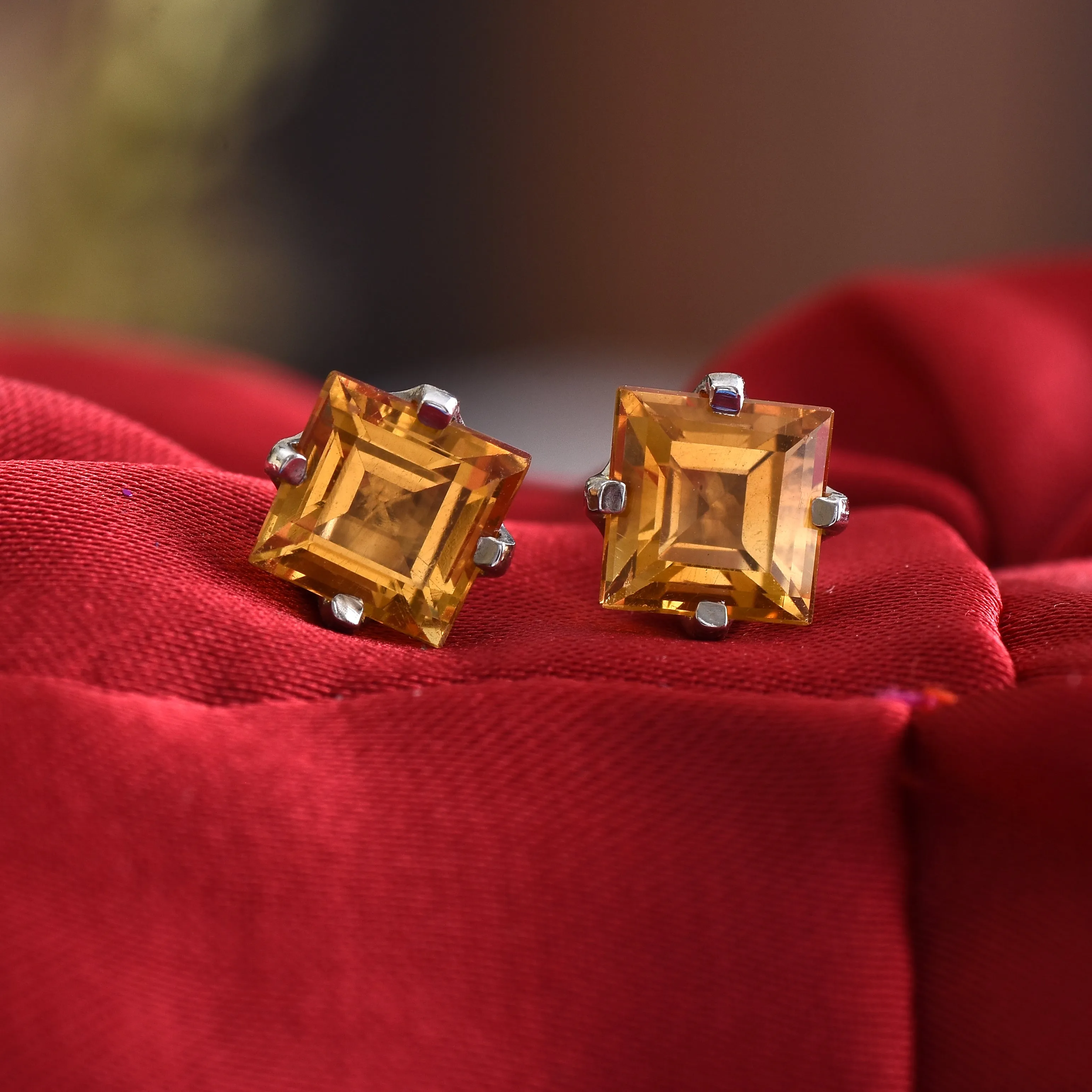 Square Citrine Gemstone Studs Earrings