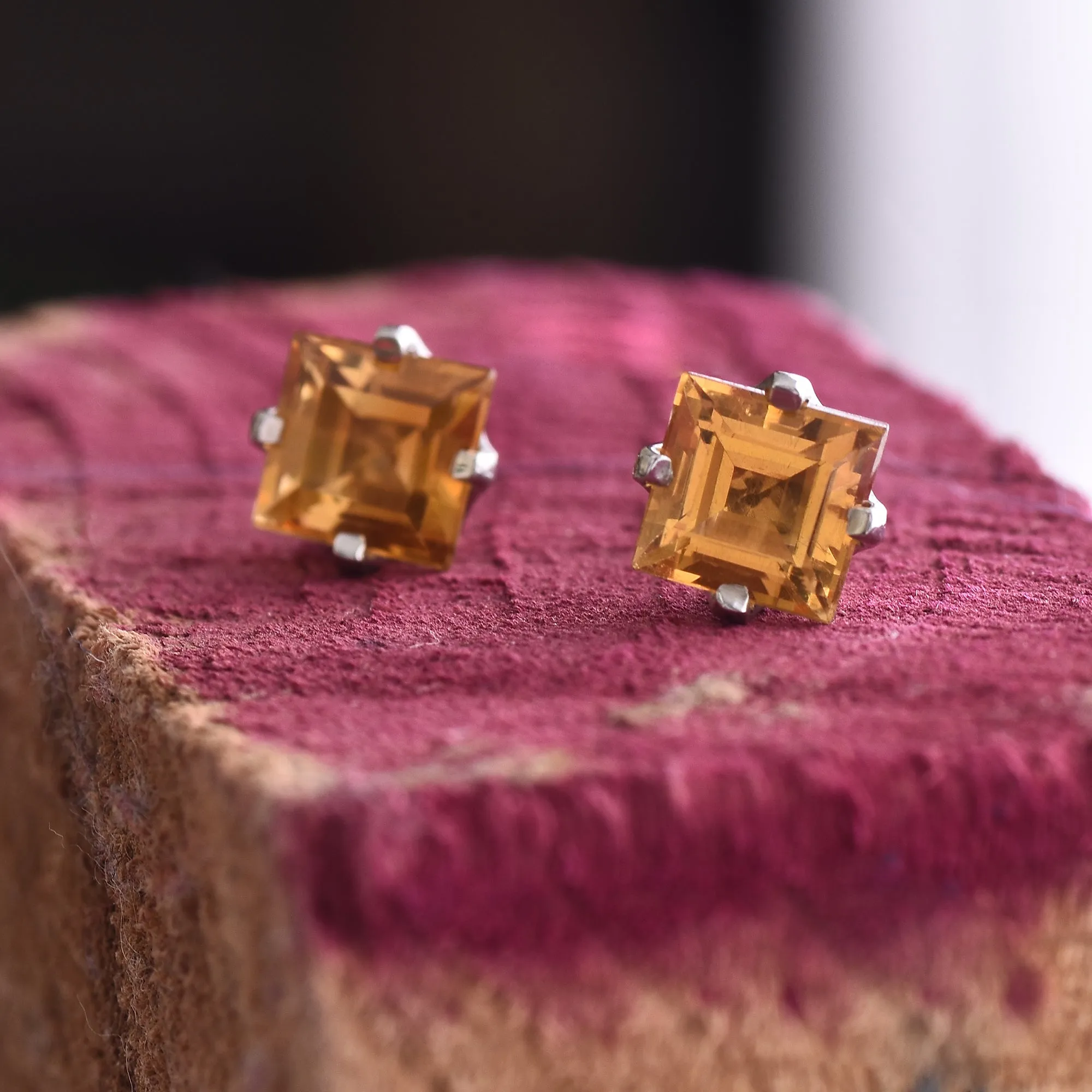 Square Citrine Gemstone Studs Earrings