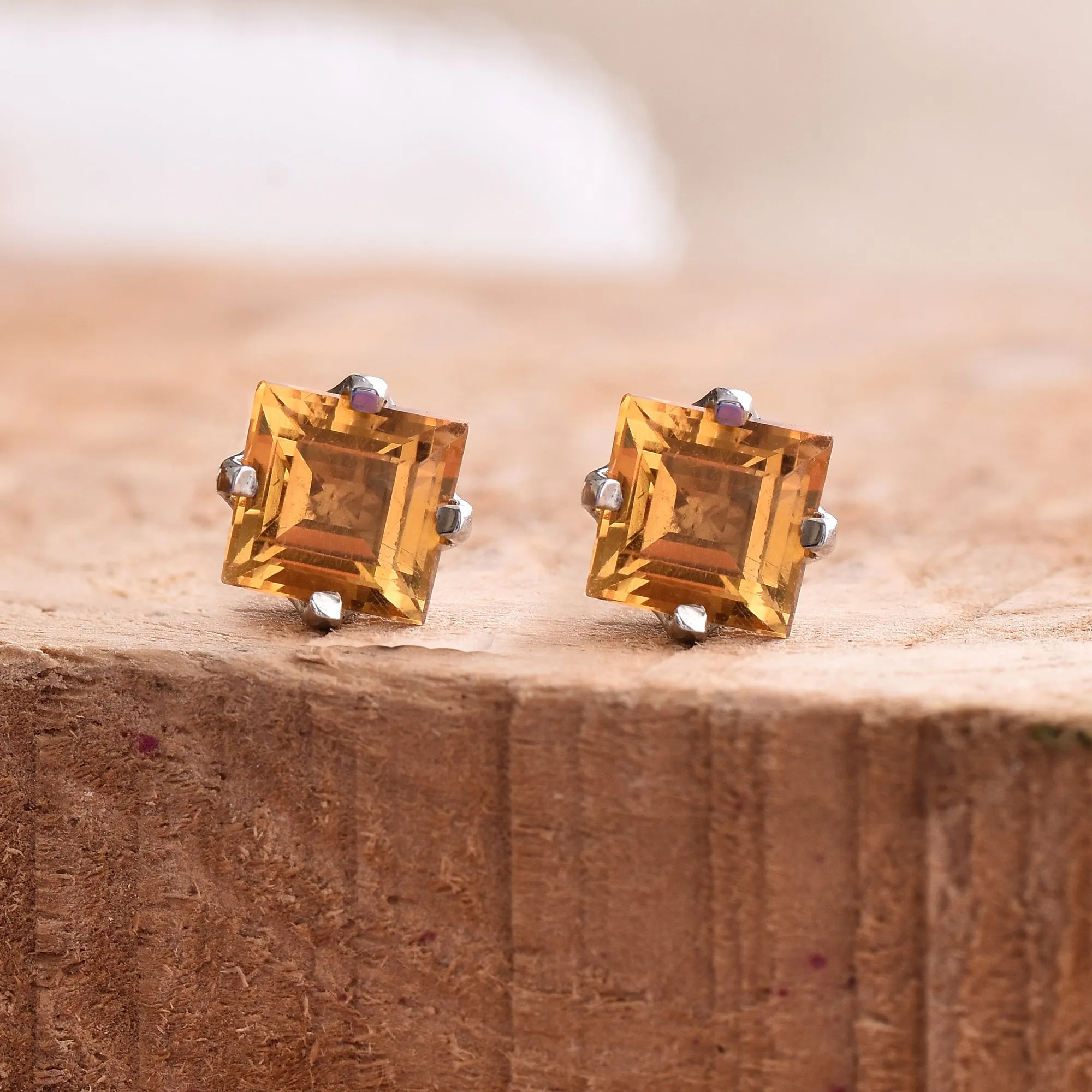 Square Citrine Gemstone Studs Earrings