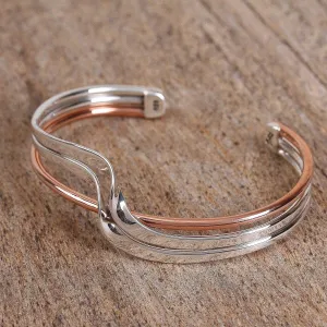 Sterling Silver and Copper Cuff Bracelet from Mexico - Copper Stream | NOVICA