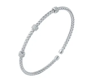 Sterling Silver Mesh Flex Cuff Bracelet w/ Three CZ Rondelles (SI5294)