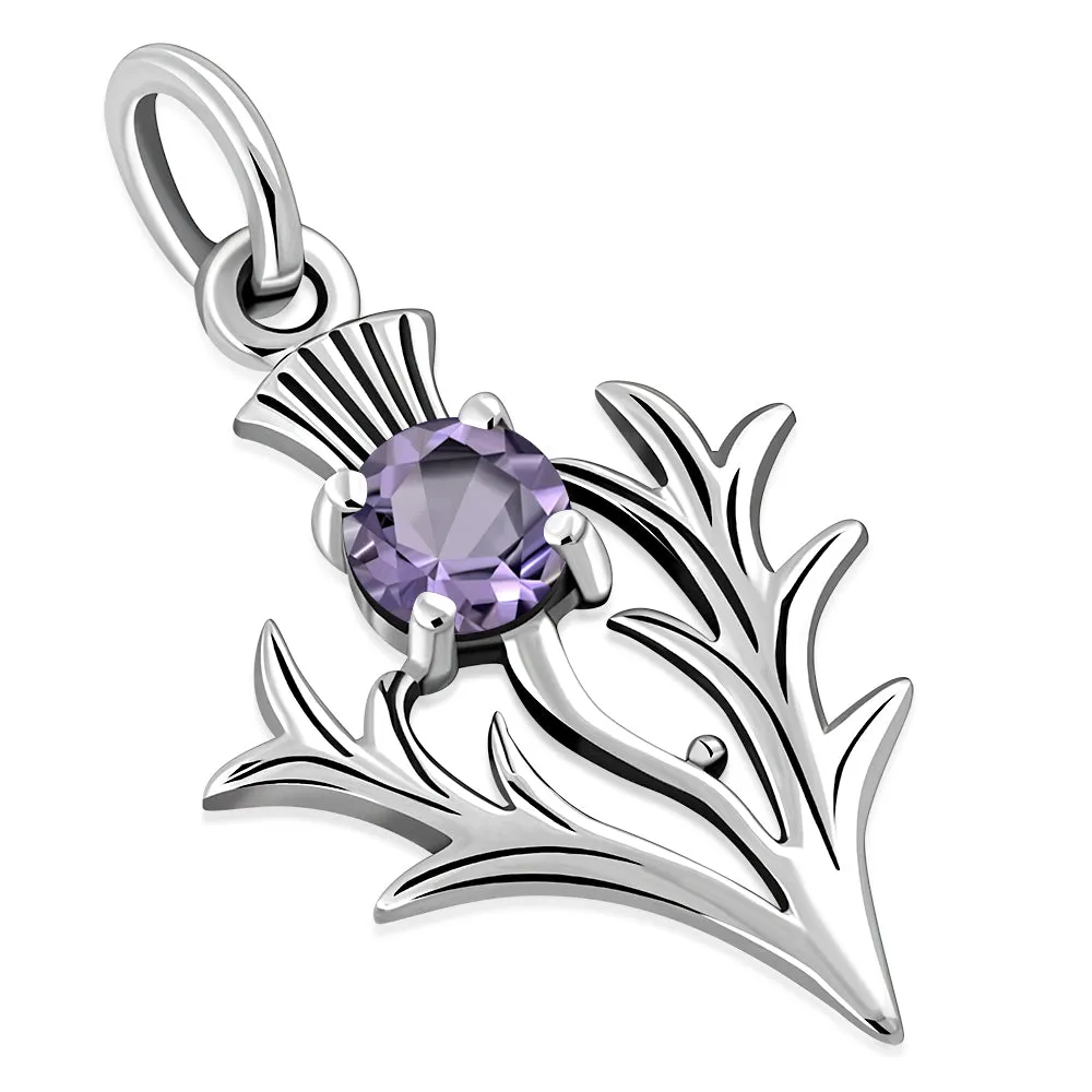 Tiny Silver Scottish Thistle Pendant set w/ Faceted Amethyst Stone