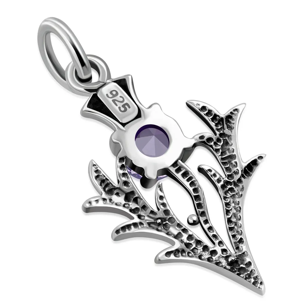 Tiny Silver Scottish Thistle Pendant set w/ Faceted Amethyst Stone