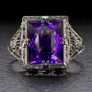 VINTAGE AMETHYST FILIGREE RING 14K WHITE GOLD SOLITAIRE ART DECO PURPLE ESTATE